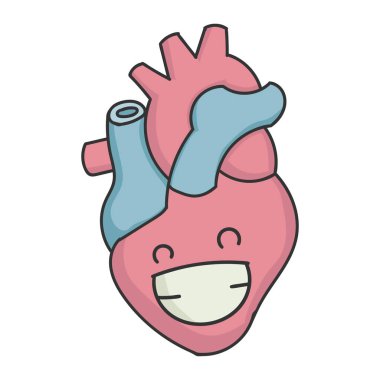 Gülümseyen çizgi film karakteri insan kalbi beyaza izole edilmiş.