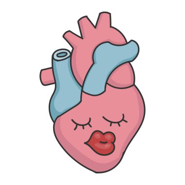 Seksi dudaklar karikatür insan kalbi beyaza izole edilmiş.