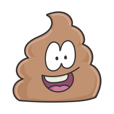 Mutlu gülümseyen kaka çizgi film karakteri beyaza izole edilmiş.