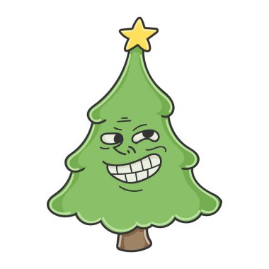 Yılbaşı ağacı karikatür karakteri beyaza izole edilmiş.