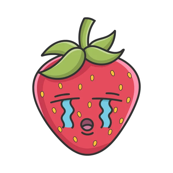 白い上に隔離された悲しいイチゴの果物のアイコン漫画を泣いて — ストックベクタ