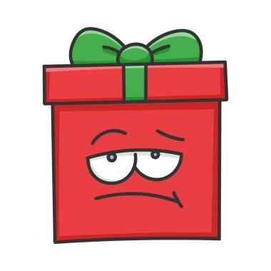 Sıkıcı hediye paketi karikatürü beyaza izole edilmiş.