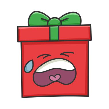 Ağlayan Noel hediyesi kutusu karikatürü beyaza izole edilmiş.