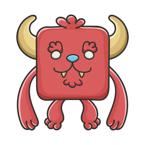 Feliz peludo vermelho quadrado diabo desenho animado monstro — Vetor de Stock