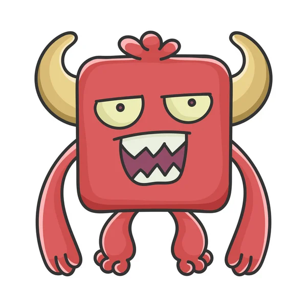 Mad Red Square Diabo Cartoon Monstro — Vetor de Stock