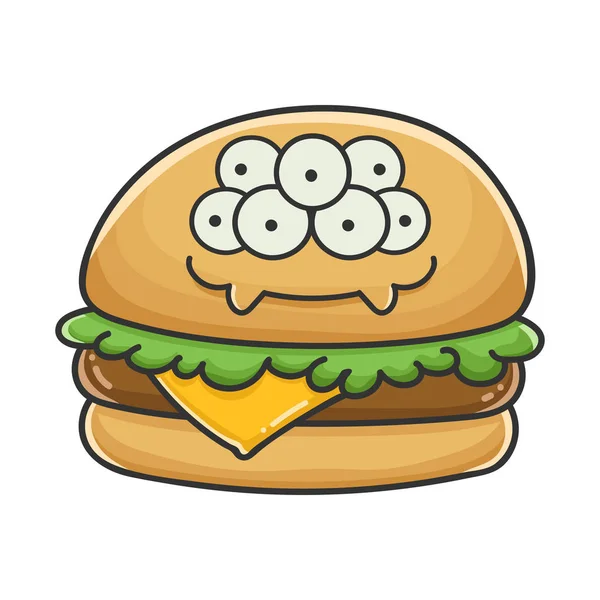 Monstruo sonriente hamburguesa de queso ilustración de dibujos animados — Archivo Imágenes Vectoriales