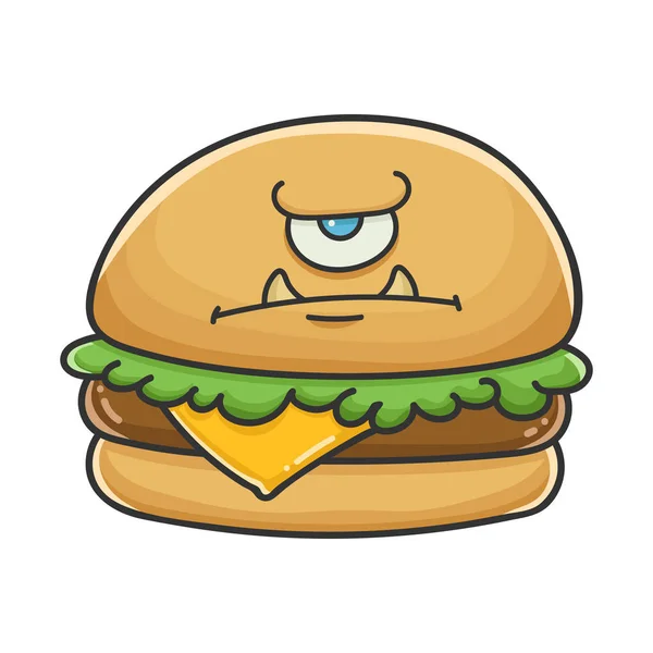 Monstro irritado queijo hambúrguer desenho animado ilustração — Vetor de Stock