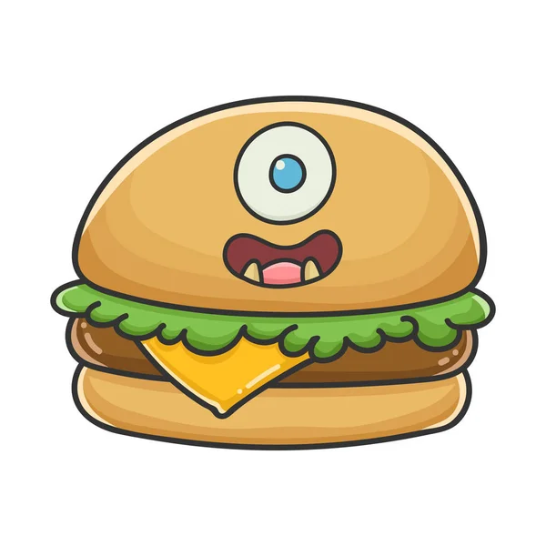 Monstro sorrindo queijo hambúrguer desenho animado ilustração — Vetor de Stock