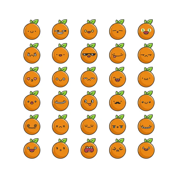 Sammlung von Emoticons aus Kawaii-Orangen-Früchten — Stockvektor