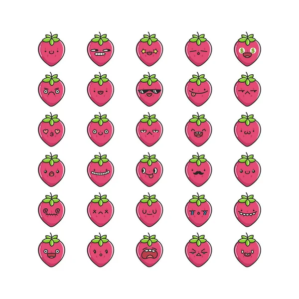 Sammlung von kawaii Erdbeer Emoticons Karikaturen — Stockvektor