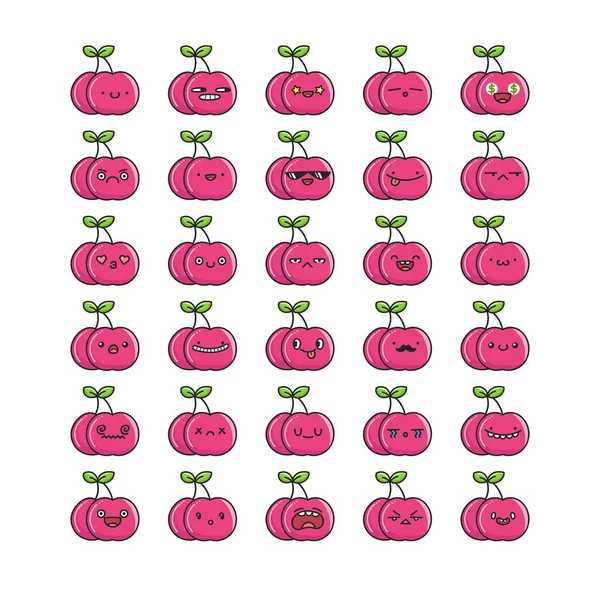 Collezione di emoticon di frutti di ciliegia kawaii cartoni animati — Vettoriale Stock