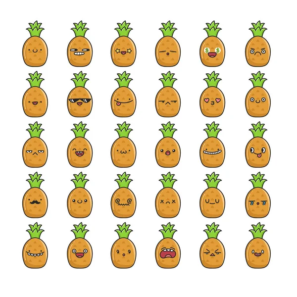Sammlung von Kawaii-Ananas-Emoticons Karikaturen — Stockvektor
