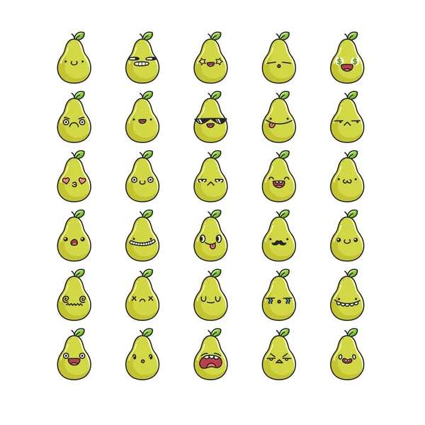 Colección de kawaii frutas de pera emoticonos dibujos animados — Archivo Imágenes Vectoriales