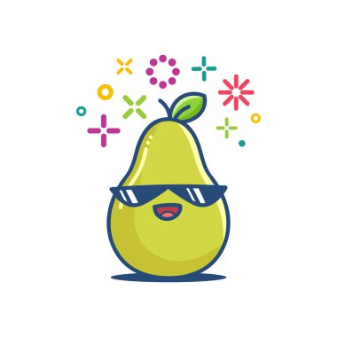 Armut meyvesi gülümseyen güneş gözlüğü kawaii simge illüstrasyonu 