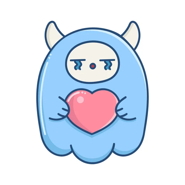 Kawaii triste blu valentine mostro holding cuore — Vettoriale Stock