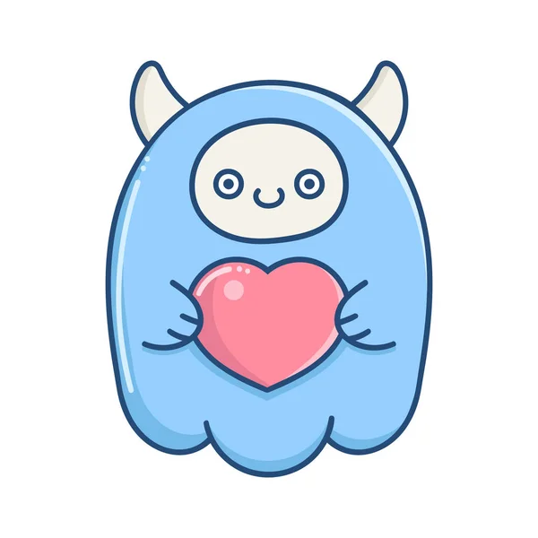 卡瓦伊蓝色情人节怪物抱着心脏 — 图库矢量图片