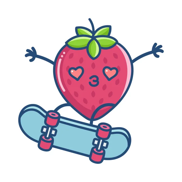 Kawaii enamorado fresa en skate dibujos animados — Archivo Imágenes Vectoriales