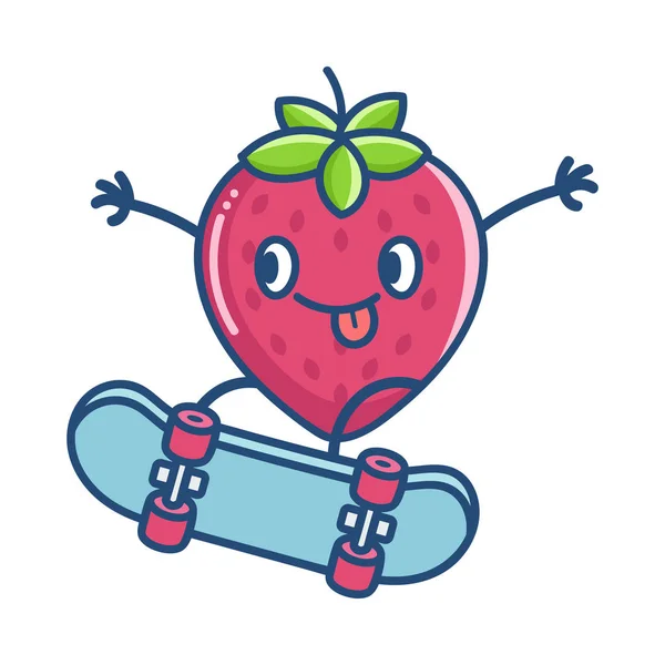 Kawaii sonriente fresa en skate ilustración — Archivo Imágenes Vectoriales