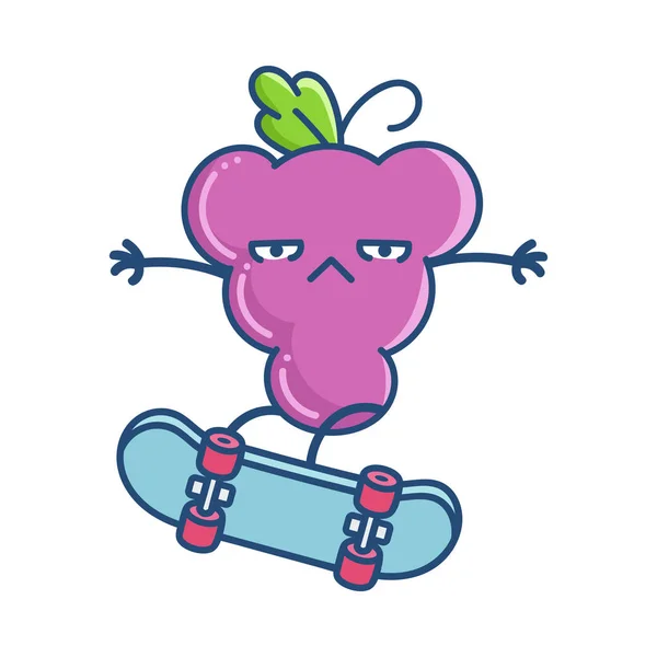 Kawaii grape with attitude on skateboard illustration — Stock Vector