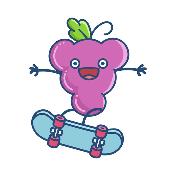 Kawaii uva su skateboard illustrazione cartone animato — Vettoriale Stock