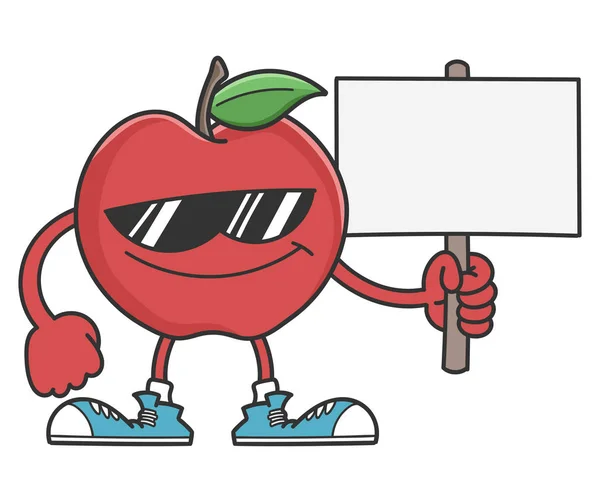 Apple cartoon character with sunglasses holding blank sign post — Stock Vector