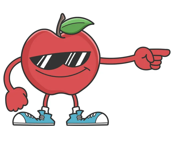 Heureux personnage de dessin animé pomme avec des lunettes de soleil pointant isolé — Image vectorielle