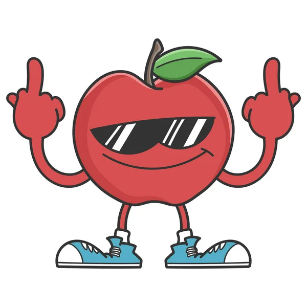 Apple cartoon character with sunglasses giving the middle finger — Stock Vector