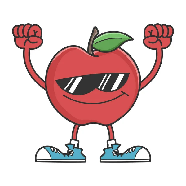 Cheering apple character with sunglasses and arms in the air — Stock Vector