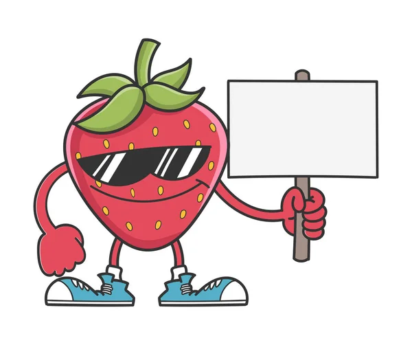 Strawberry character with sunglasses holding sign — Stock Vector
