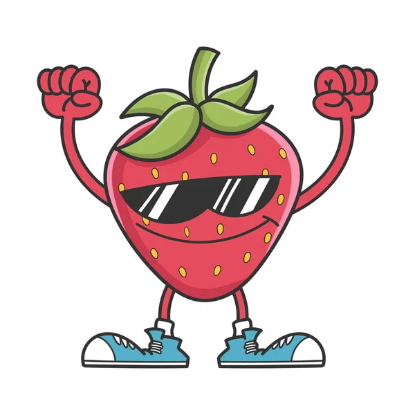 Cheering strawberry character with sunglasses — Stock Vector