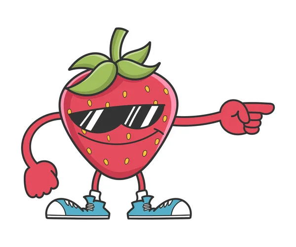 Strawberry character with sunglasses pointing — Stock Vector
