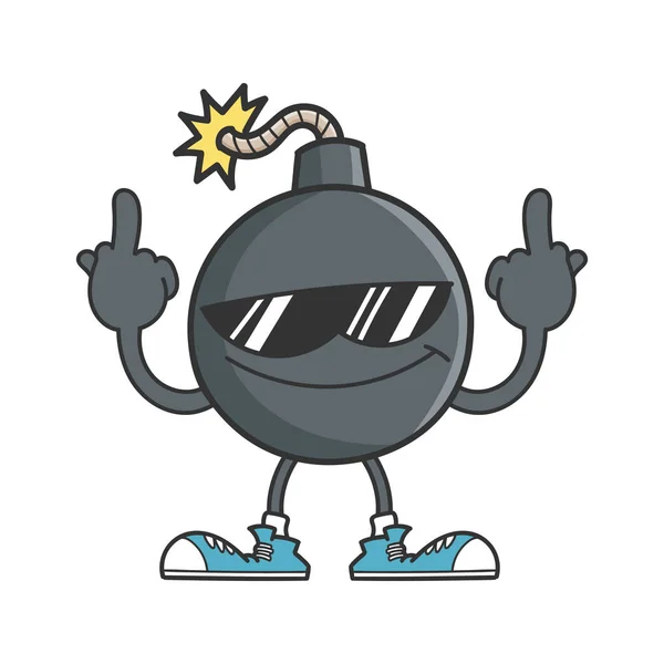 Bomb cartoon with sunglasses giving middle fingers — стоковый вектор
