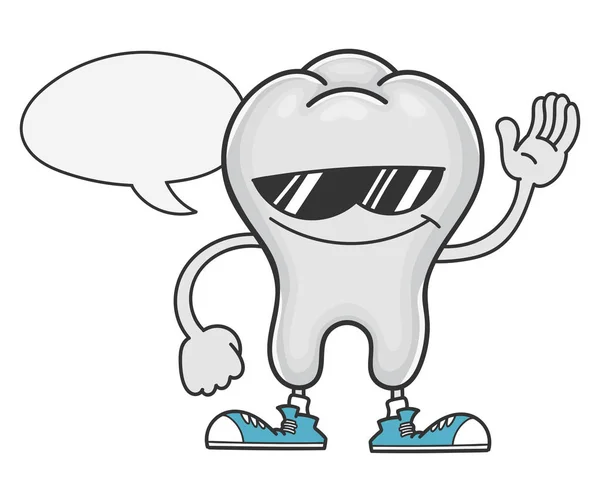 Dibujos animados de dientes con gafas de sol y burbuja del habla — Vector de stock