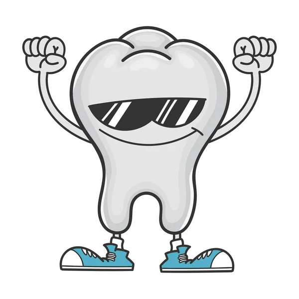 Cheering tooth cartoon character with sunglasses — 스톡 벡터