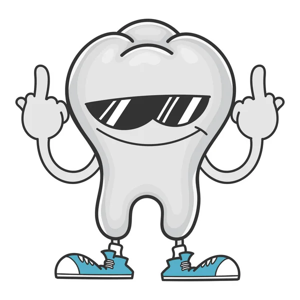 Tooth with sunglasses giving the middle fingers — Stock Vector