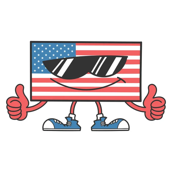 Dibujos animados bandera americana con gafas de sol dando pulgares hacia arriba — Vector de stock