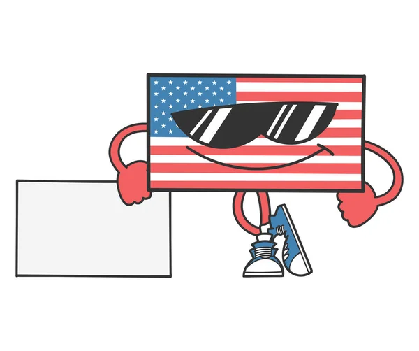 American flag cartoon with sunglasses leaning on sign — Stock Vector