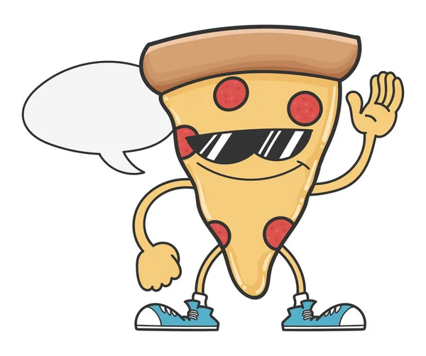 Pizza plasterek kreskówki z okularami przeciwsłonecznymi i bańki mowy — Wektor stockowy