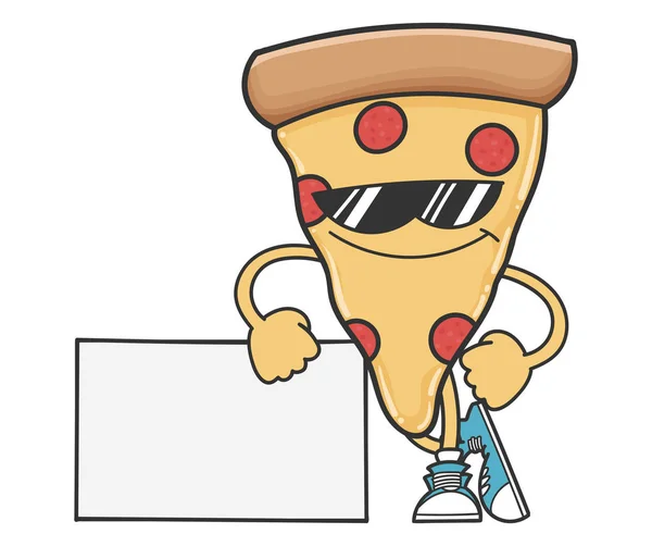 Pizza slice cartoon with sunglasses leaning on sign — Stock Vector