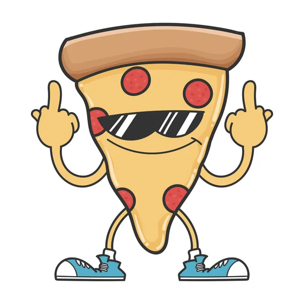 Pizza slice with sunglasses giving the middle fingers — Stock Vector