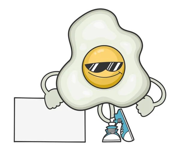 Dibujos animados huevo frito con gafas de sol apoyadas en el signo — Vector de stock