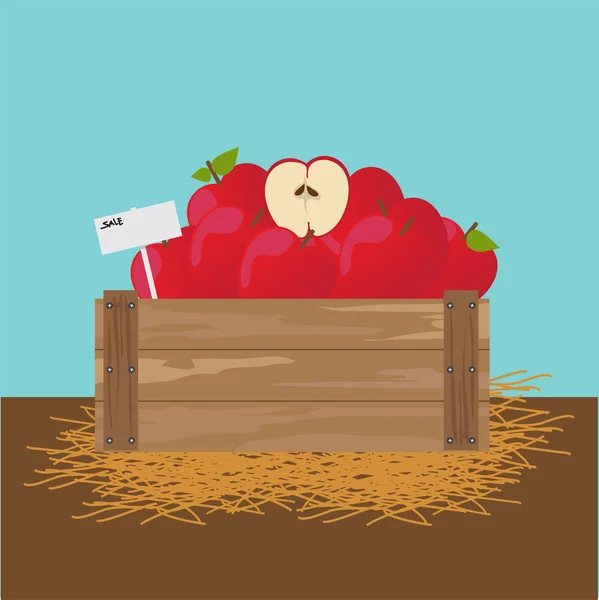 Manzana en una caja de madera Ilustración vectorial . — Vector de stock