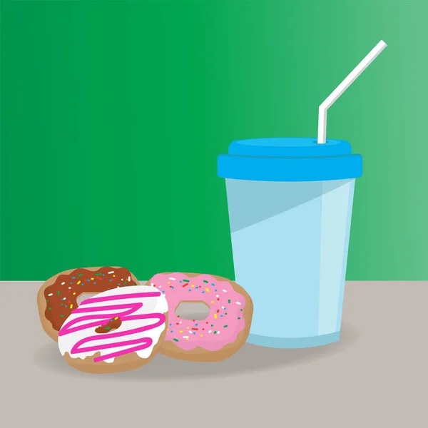 Donuts e copo de estilo plano . — Vetor de Stock