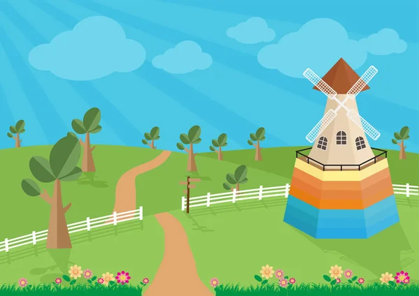 Paisaje rural con molino de viento . — Vector de stock