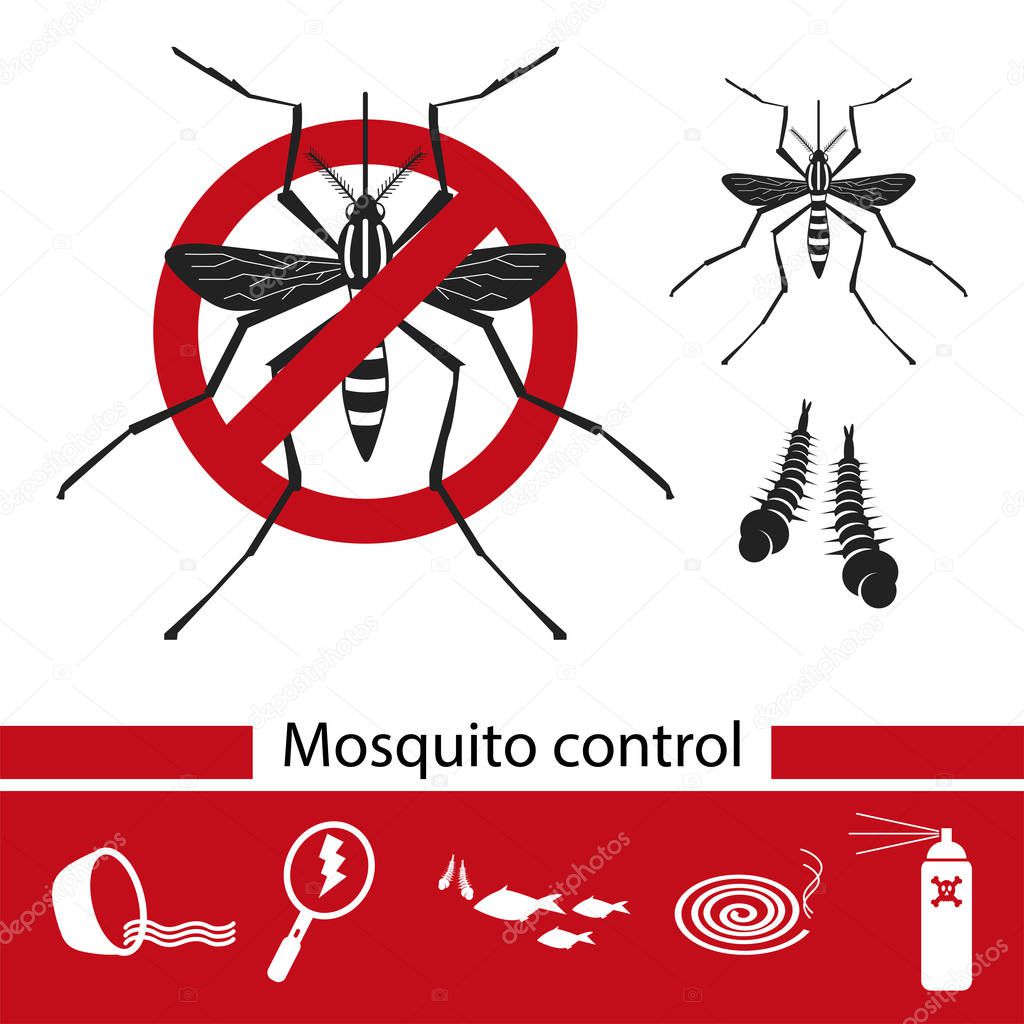 Mosquito control tools icons set, vector illustration.