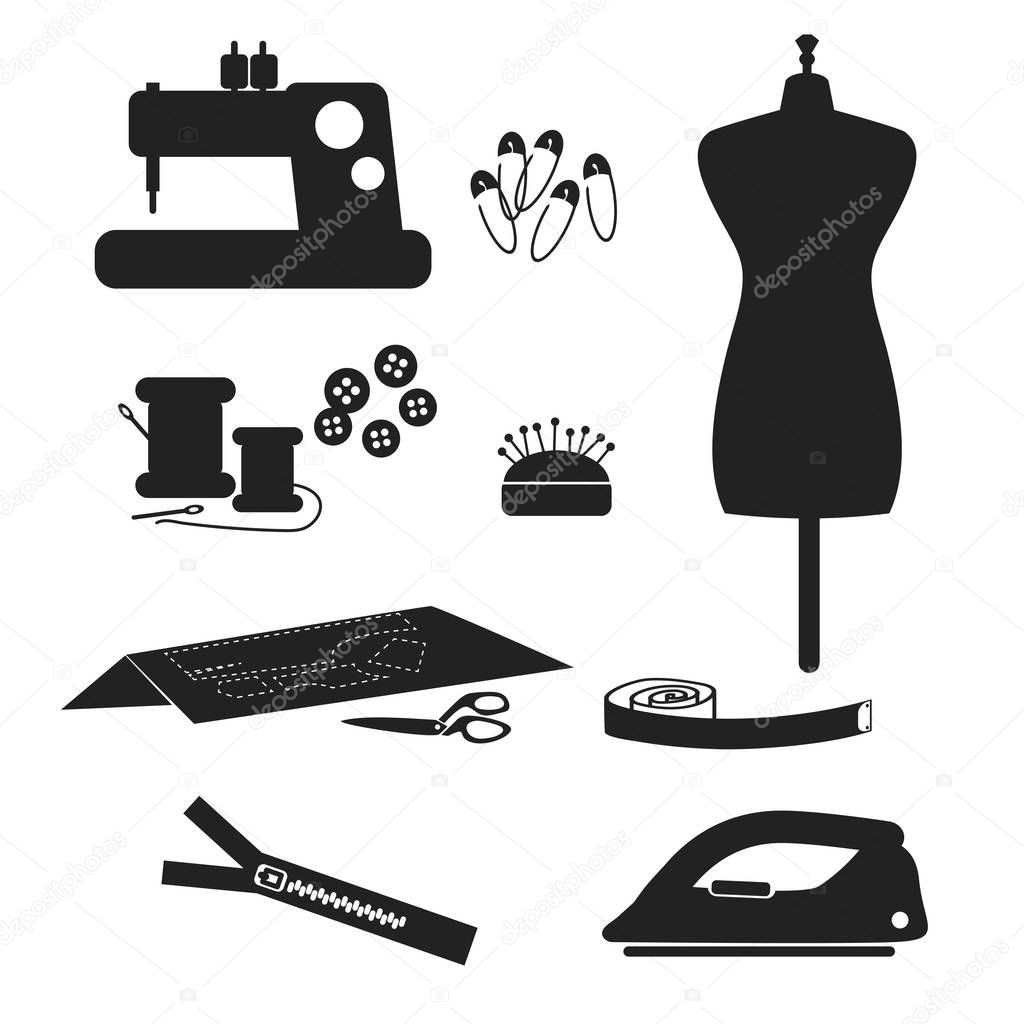 Tools and materials sewing icon set isolated on white background.