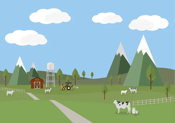 A tehenek és a farm a háttérben a lapos stílusú vidéki táj — Stock Vector