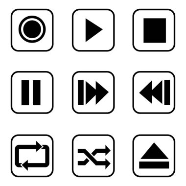 Kitle iletişim araçları oyuncu simgeleri beyaz arka plan üzerinde düğmeleri.