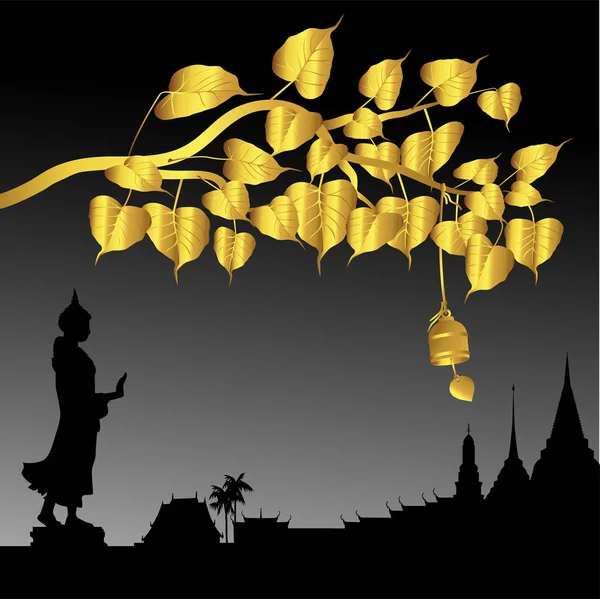 Estatua de Buda y árbol de Bodhi de Oro con campana dorada de tradición tailandesa, Día del Puja de Visakha — Vector de stock