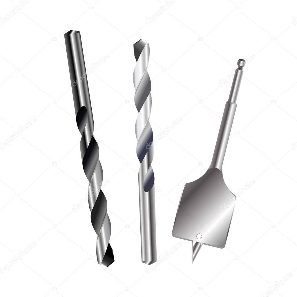 Drill Bit metal set isolated on white background.
